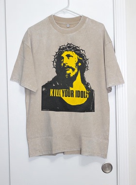 美式Kill Your Idols杀死你的偶像复古摇滚印花宽松落肩短袖T恤男