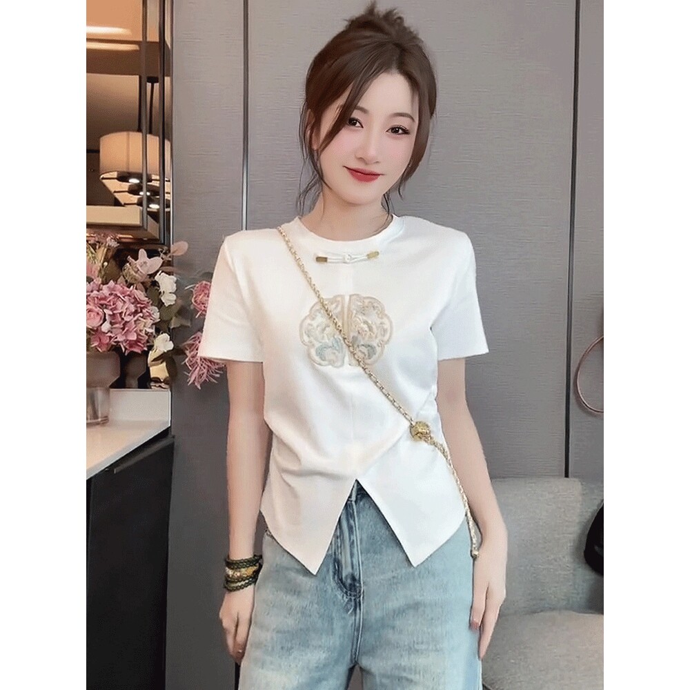 新中式盘扣国风刺绣短袖t恤女2026新款爆款夏季穿搭修身短款上衣