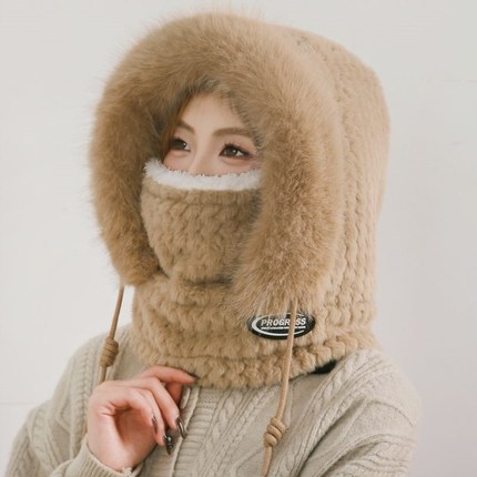帽子女士冬加厚围脖面罩一体冬防寒骑车防风帽毛绒护耳包头帽套头