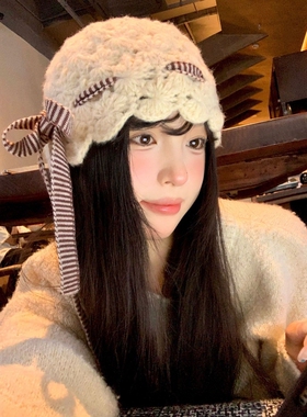 韩里韩气的帽子蝴蝶结飘带镂空针织帽女春秋季包头帽显脸小毛线帽