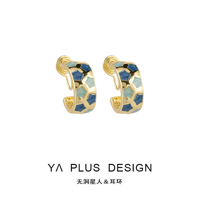 独特个性C形耳环蓝色星星滴釉时尚气质小巧耳钉蚊香盘无耳洞耳夹
