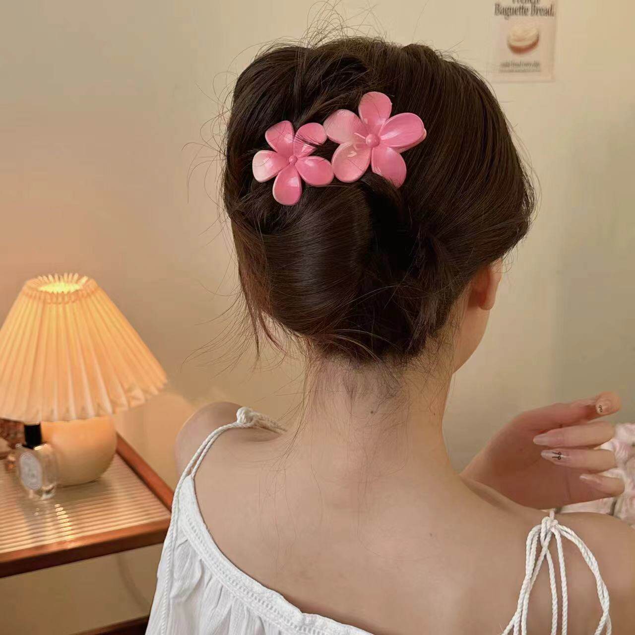 粉色渐变花朵发夹女侧边刘海鸭嘴夹子头饰甜美可爱碎发边夹发卡子