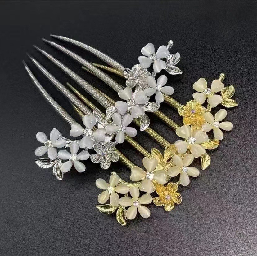 韩国水钻猫眼石花朵插梳发梳发饰发簪后脑勺卡子盘发发夹妈妈头饰