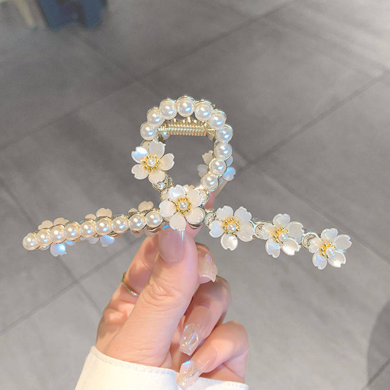 韩版优雅珍珠花朵发夹后脑勺女气质抓夹鲨鱼夹感发卡夹子头饰
