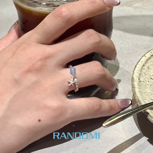 RANDOMI小众设计感串珠纯银戒指女海蓝宝指环小清新个性海星贝壳