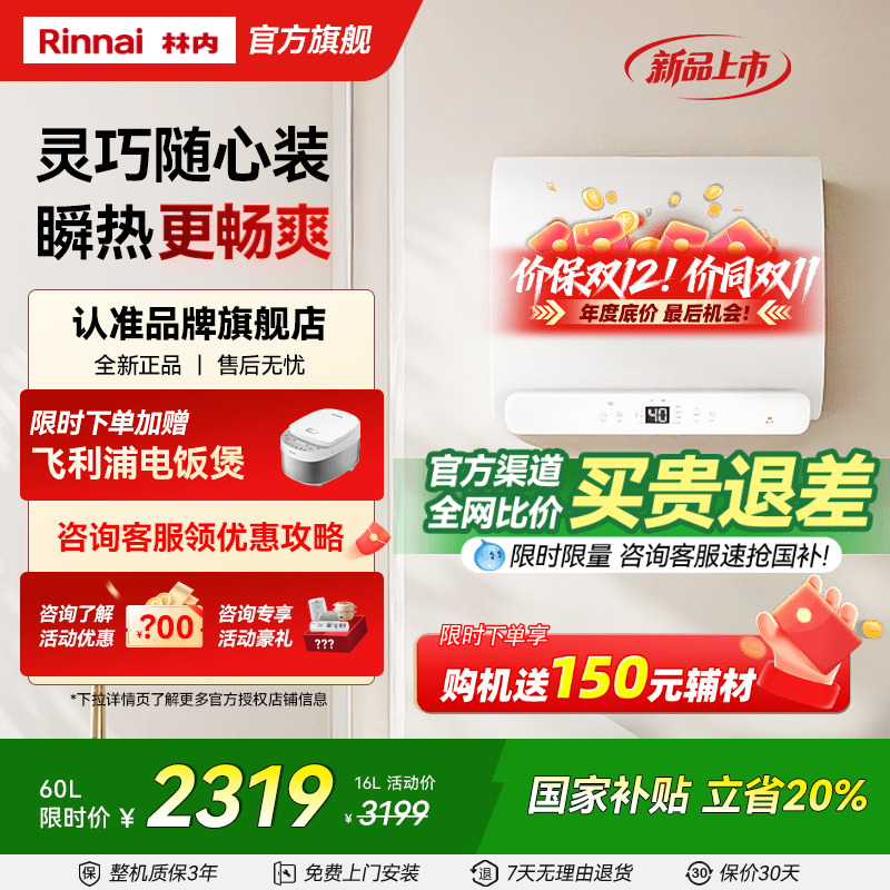 [新品电热]林内电热水器家用一级能效智能储水式速热60升E19PN