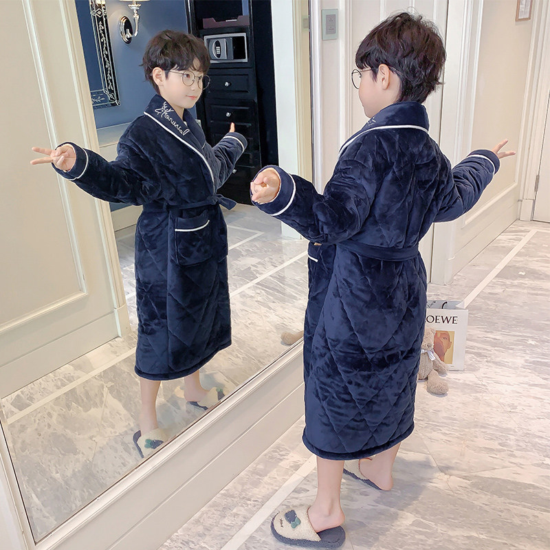儿童睡袍冬季三层夹棉珊瑚绒加厚款男童中大童冬款法兰绒浴袍
