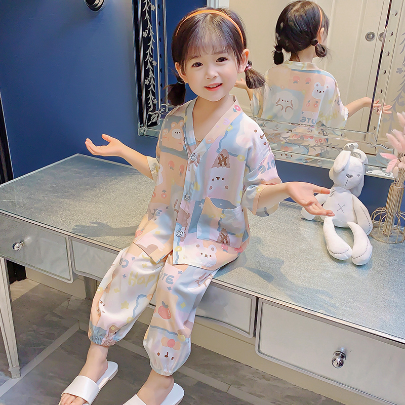 女童睡衣夏季儿童薄款绵绸棉绸小女孩2025新款夏款家居服橘色套装