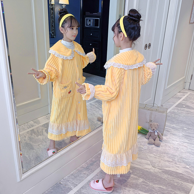 女童法兰绒睡裙珊瑚绒睡袍秋冬季加厚款儿童家居服女孩中大童套装