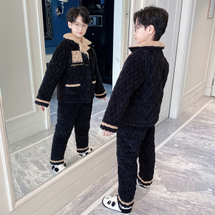 儿童睡衣冬季加厚款男童法兰绒三层夹棉加绒珊瑚绒新款黑色家居服