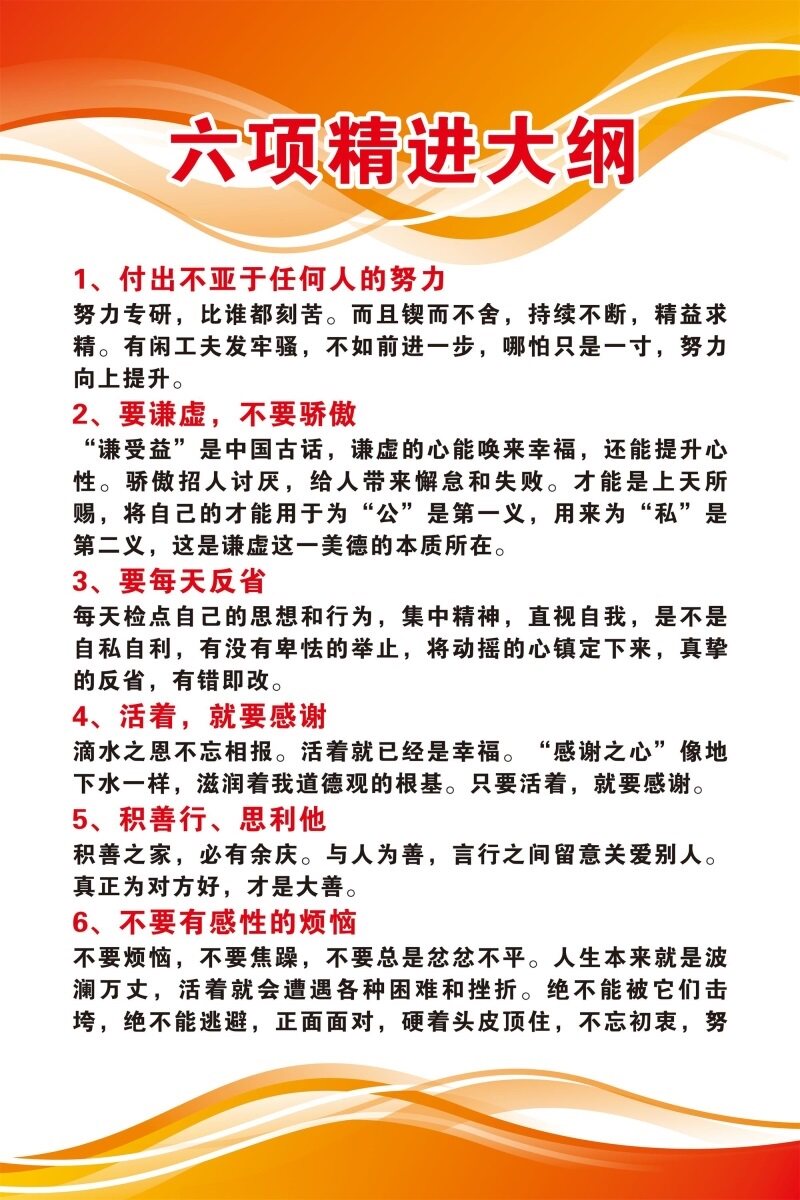 六项精进大纲海报展板六项精进经营十二条六项精进墙贴kt板装饰画