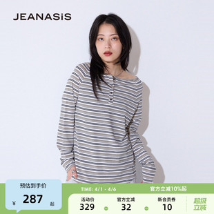 JEANASIS 新款 复古露肩亨利领条纹长袖 上衣589935 T恤女2026春季