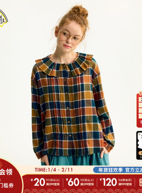 SEE YOU at PIZZA衬衫女2026春季新款荷叶领格子长袖上衣580681