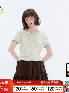 SEE YOU at PIZZA T恤女2026春季新款碎花木耳边短袖T恤588989