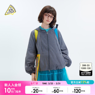 YOU 宽松连帽格纹夹克衫 新款 593703 PIZZA外套女2026春季 SEE