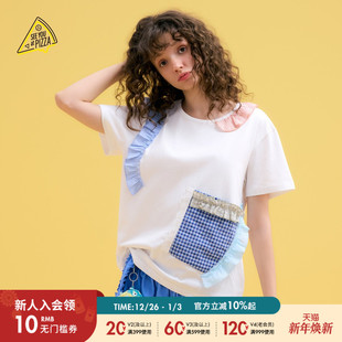 PIZZA T恤女2025夏季 新款 586944 SEE 蕾丝格纹拼接短袖 YOU