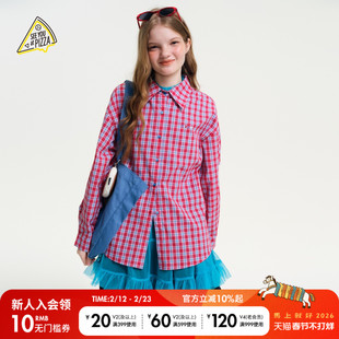 SEE YOU at PIZZA衬衫女2026春季新款红蓝格子刺绣上衣655761