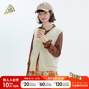 SEE YOU at PIZZA马甲女2026春季新款V领刺绣无袖针织开衫593735