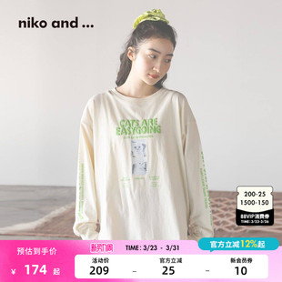 潮流印花棉质长袖 niko 新款 ...T恤女2026春季 上衣633303 and