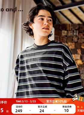niko and ...T恤男2026春季新款复古条纹棉质宽松长袖上衣631287