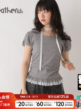 Heatherich T恤女2025夏季新款设计感抽褶蕾丝花边短袖上衣578283