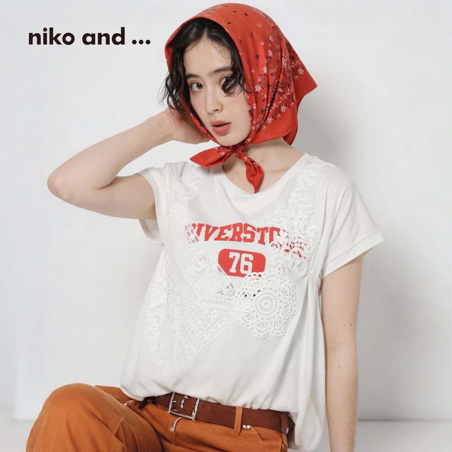 niko and ...T恤女2026夏季新款花纹蕾丝个性棉质短袖上衣665178