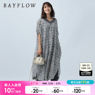 BAYFLOW连衣裙女24夏V领复古印花异域风情宽松日系开叉长裙353915