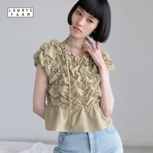 LOWRYS FARM衬衫女2026夏季新款泡泡格褶皱甜美短款上衣1046442