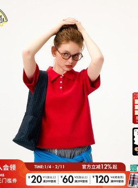 SEE YOU at PIZZA POLO衫女2025春夏复古休闲简约短袖 T恤453139