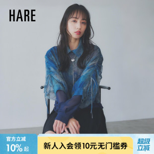 上衣498775 HARE衬衫 女2025夏季 新款 休闲拼接翻领Y3K抽绳褶皱长袖