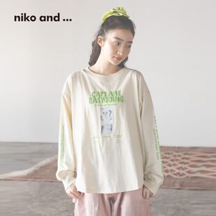 潮流印花棉质长袖 niko 新款 ...T恤女2026春季 上衣633303 and