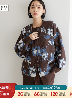 LOWRYS FARM毛衣女2025冬季新款印花宽松圆领针织开衫583234