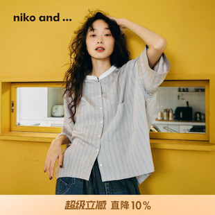 niko and ...MNC26秋季新款女士慵懒立领条纹蝙蝠袖衬衫1032264