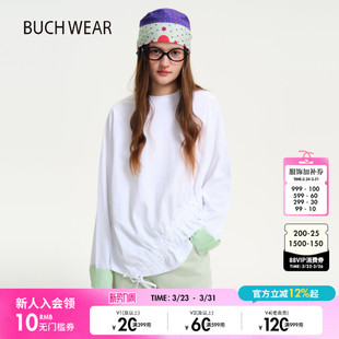 WEAR 口拼接抽褶长袖 T恤女2026春季 圆领袖 上衣645973 新款 BUCH