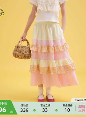 SEE YOU at PIZZA裙子2025夏季新款碎花格纹拼接双层蛋糕裙588993
