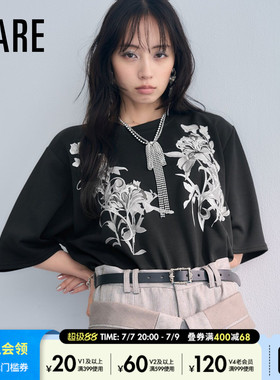 HARE T恤女2026夏季新款宽松落肩水墨花卉刺绣圆领短袖上衣893705