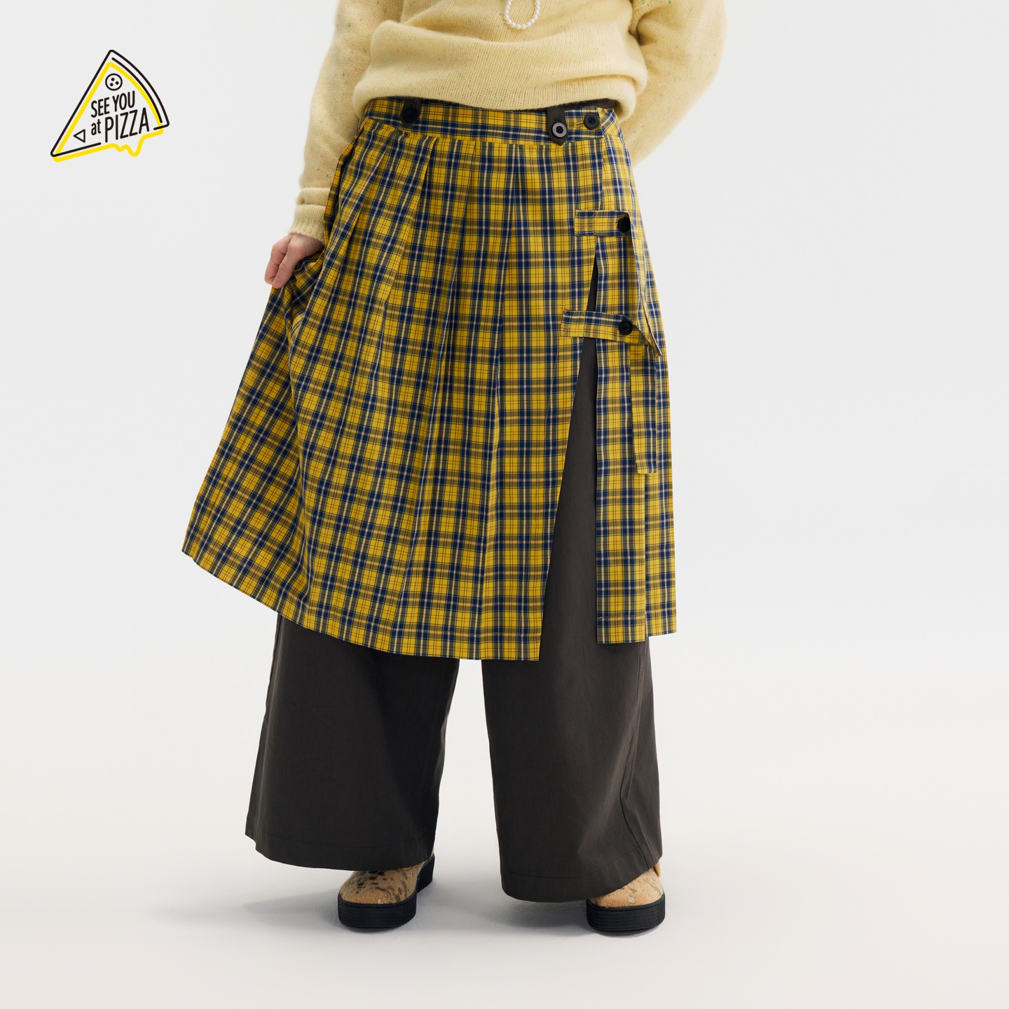 SEE YOU at PIZZA长裤女2025秋冬新款可拆卸格纹裙两件套621848