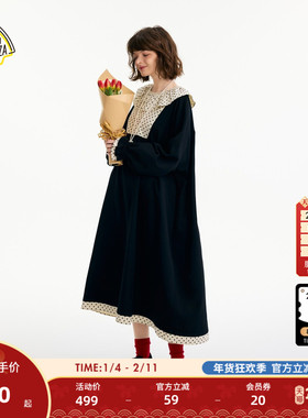 SEE YOU at PIZZA连衣裙女2026春季新款娃娃领甜美小黑裙607183