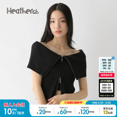 Heatherich针织衫女2025夏季新款一字肩露肩大翻领短袖上衣452638