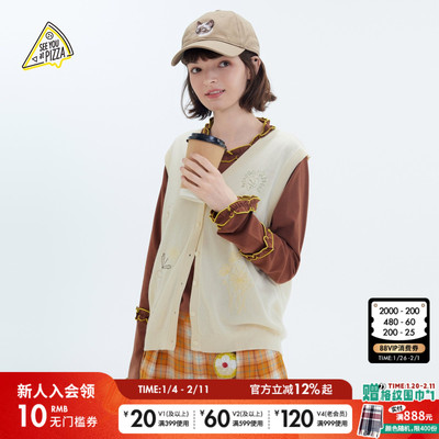 SEE YOU at PIZZA马甲女2026春季新款V领刺绣无袖针织开衫593735