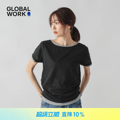 GLOBAL WORK T恤女2026夏季新款撞色假两件通勤短袖上衣816968