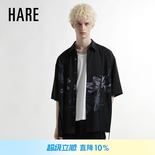 HARE衬衫男2026夏季新款水墨花卉宽松垂感短袖休闲上衣840829