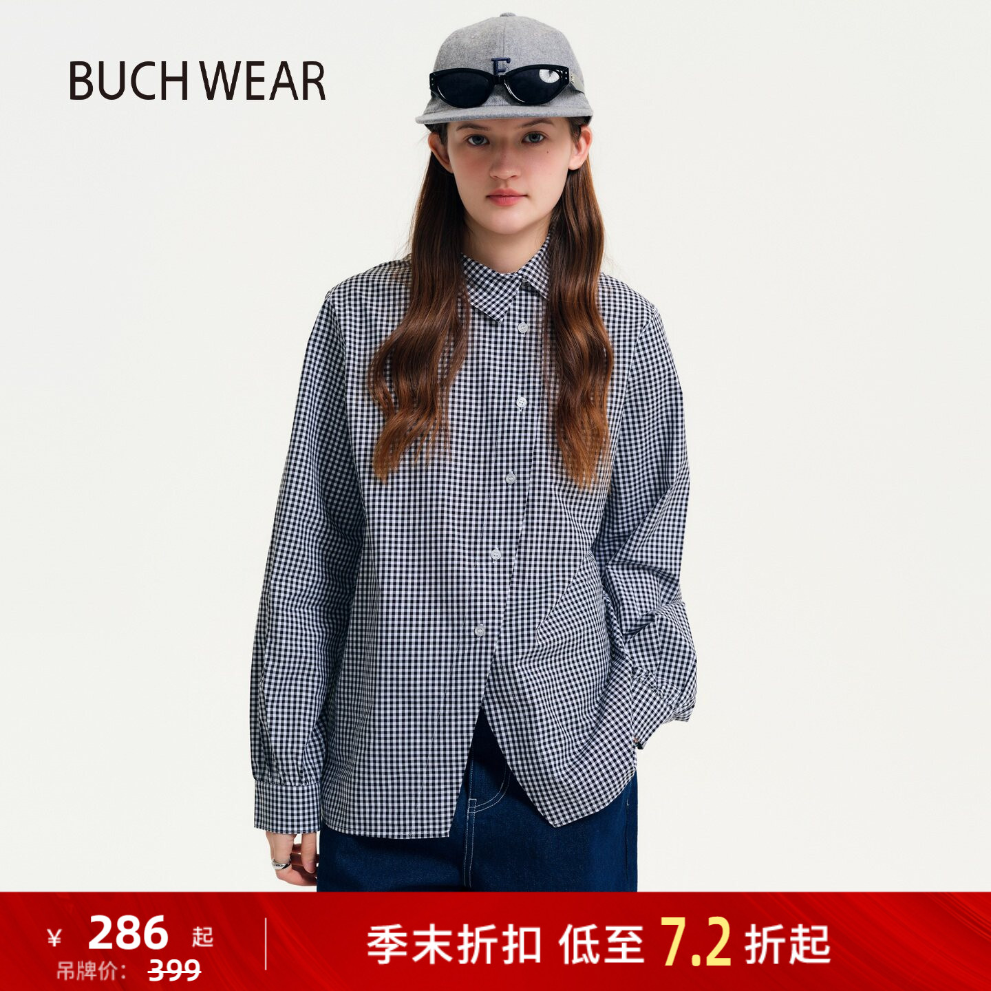 BUCH WEAR衬衫女2026夏季新款棉质格子盐系不对称纽扣上衣639783
