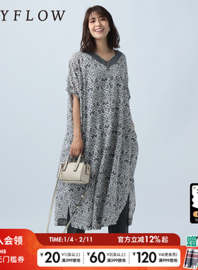 BAYFLOW连衣裙女24夏V领复古印花异域风情宽松日系开叉长裙353915