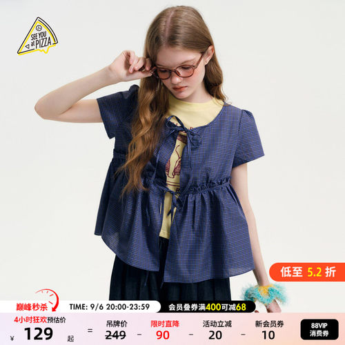 小格子系带罩衫 褶皱下摆甜美可爱