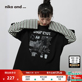 and ...T恤女2026春季 新款 niko 条纹假两件印花长袖 上衣653964