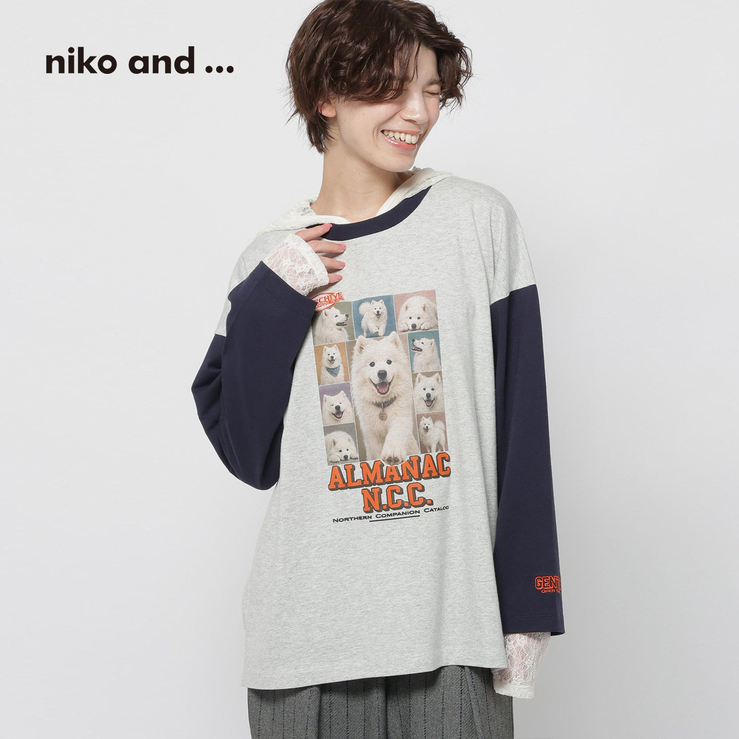 niko and ...T恤女2026秋季新款猫狗印花撞色条纹长袖上衣1071673