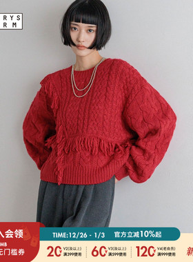 LOWRYS FARM针织衫女25冬季新款流苏宽松红色套头圆领毛衣588920