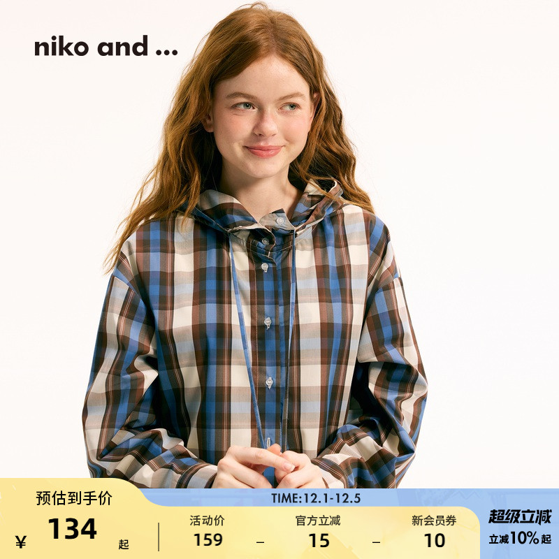 niko and ...外套女2025夏季新款日系连帽衬衫格子长袖上衣493919