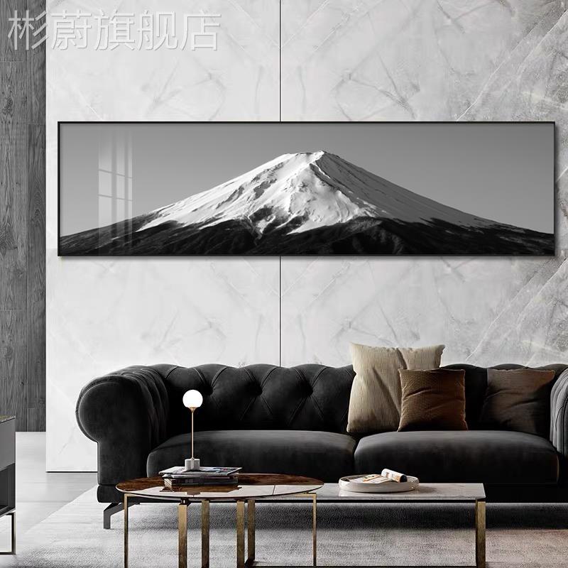 网红黑白版富士山横卧室装饰画现代简约客厅背样景轻奢挂画板间晶